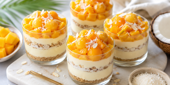 Vasitos tropicales de cheesecake con mango, crema crunch y esferificaciones