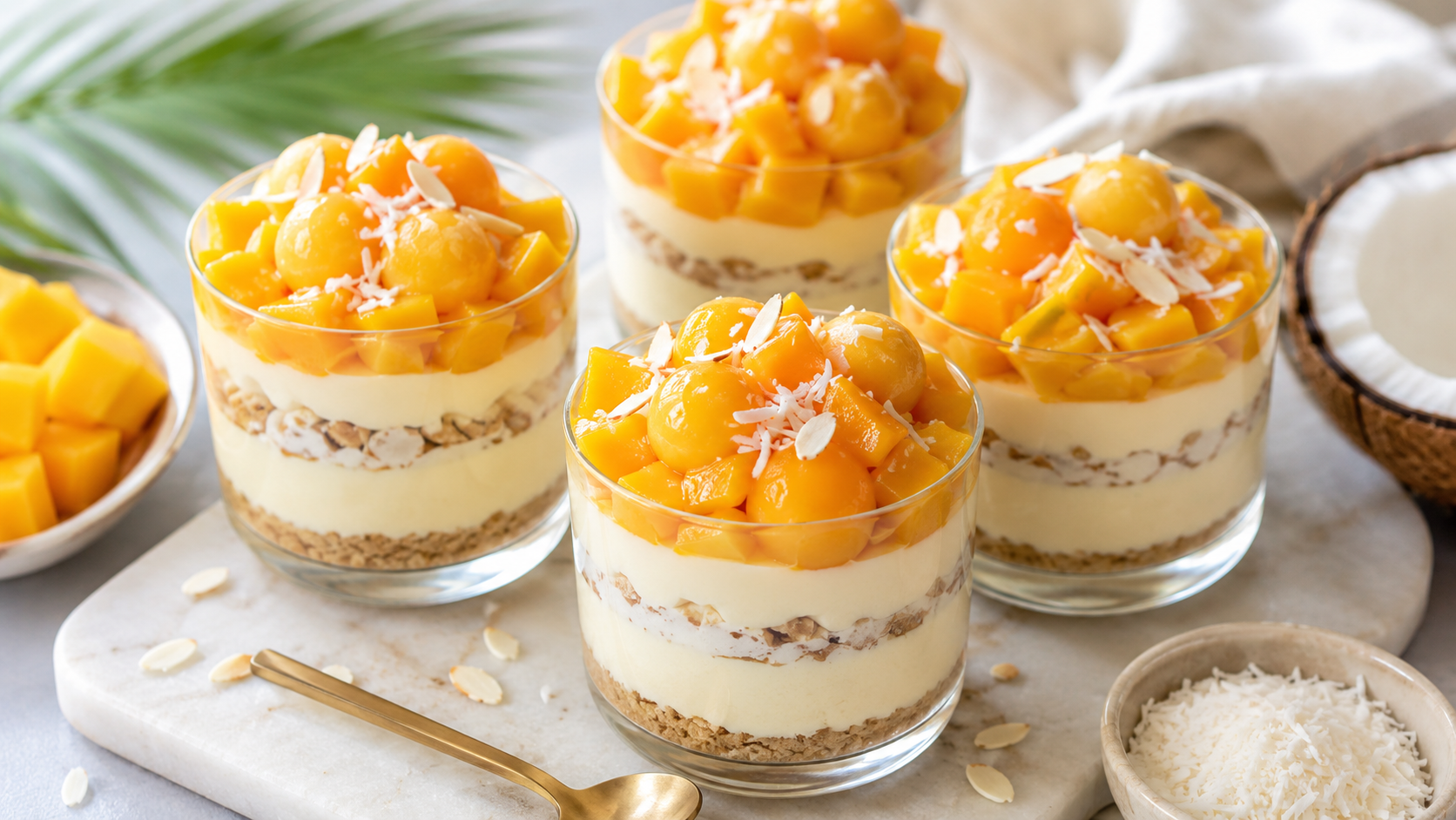 Vasitos tropicales de cheesecake con mango, crema crunch y esferificaciones